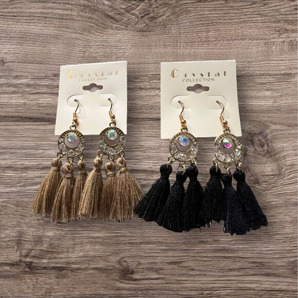 Set of 2 Crystal Collection Tassel Earrings Rhinestone Dangle Drop Boho‎ Chic - Picture 3 of 5